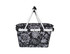 A floral-patterned insulated carry basket in black and white with a silver handle and a lid.