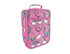A pink insulated lunch bag featuring a fun design with unicorns, donuts, rainbows, and stars, with a logo on it.