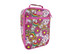 A pink and multicoloured insulated lunch bag featuring floral and rainbow patterns, with a handle and zippers.