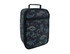 A black insulated lunch bag featuring colourful dinosaur patterns and a handle for carrying. It has a branded logo.