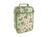 A cream insulated lunch bag featuring playful lion and tiger designs, with green accents and a zippered front pocket.