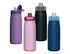 A drink bottle collection featuring purple, pink, black, and blue designs with flip-top lids. Each bottle has a logo.