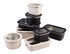 Stacked rectangular containers in black and cream, featuring clear lids and a brand logo.