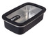A rectangular stainless steel container in black with a clear lid and a logo on the side.