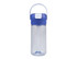 A drink bottle with a clear body, blue lid, and a carrying handle, featuring a logo. Holds 460ml.