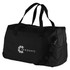 A black duffel bag with sturdy handles and a branding logo on the side.