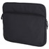 A black laptop sleeve with a zippered main compartment and an additional front pocket. Features a logo.