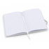 A white FSC notebook with lined pages and a ribbon bookmark, open to the centre.