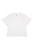 A white boxy women's tee with short sleeves. The shirt features a faint logo at the neck.