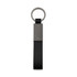 A black keytag with a metal ring and a rectangular metal plate attached. Simple and stylish design.