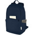 A navy blue laptop backpack with a front pocket and side compartments, featuring a logo on the side.