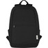 A black recycled canvas laptop backpack with anti-theft features and multiple compartments. It has adjustable straps and a logo.
