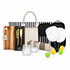 A tote bag with navy stripes, a cheese knife set, glass tumblers, paddles, and colourful balls.