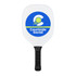 A white pickleball paddle with a circular logo featuring a yellow ball and blue accents. It has a black grip.