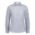 A women's long sleeve shirt with a blue and white check pattern and a collared neckline. Features a logo.