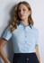 A short sleeve women's shirt in light blue with a collared neckline and button-up front details.