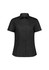 A short-sleeved women's shirt in black with a classic collar and buttoned front, featuring a logo.
