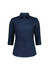 A navy blue women's 3/4 sleeve shirt with a button-up front and a collar, featuring a logo on the chest.