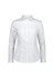 A white long sleeve shirt with a collared neckline and button-up front, featuring a logo on it.