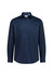 A navy blue slim fit long sleeve shirt with a button-up front and a collar, featuring a logo.