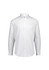 A slim fit long sleeve shirt in white with a button-up front and a collar. Features a logo on the label.