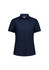 A navy short sleeve shirt with a button-up front and a tailored fit, featuring a collar and structured design.