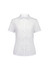 A short sleeve women's shirt in white, featuring a button-up front and a fitted design. It has a logo on the label.