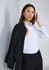 A white long sleeve shirt worn by a model, paired with a black jacket. The model has long, dark hair.