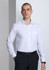 A man models a classic fit long sleeve shirt in white, featuring a pocket and a brand logo.