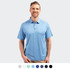 A light blue men's polo shirt with a collar and a logo, displayed on a smiling model.