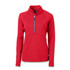 A red women's half zip top with long sleeves and a zippered collar, featuring a small logo on the front.