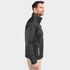 A men's jacket in black with a sleek design, featuring a high collar and zippered pockets. It has a logo on the chest.