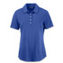 A blue women's polo shirt with a collar and four button placket, featuring a branded logo.