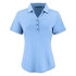 A light blue women's polo shirt with a collar, short sleeves, and a buttoned placket. It features a logo.