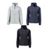 A women's full zip jacket available in grey, navy, and black, featuring a collar and a logo.