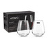 Stemless wine glass set in clear glass with a black branded box showcasing two glasses.