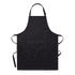 A black full bib apron with adjustable neck straps and side ties. It features a logo on the fabric.