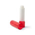 A red twist lip balm with a white applicator, featuring a transparent cap next to it. It has a simple logo.