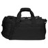 A black duffel bag with multiple compartments, sturdy handles, and a logo. Ideal for sports and travel.