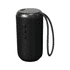 A cylindrical black Bluetooth speaker with a textured surface, buttons on the front, and a carrying strap.