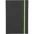 A black journal with a bright green elastic band, featuring a logo on the front cover.