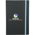 A black journal with a blue elastic band and a logo on the front. Ideal for note-taking or journaling.