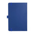 A blue journal with a smooth cover and elastic closure, featuring branding on the front.