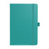 A teal Nova Bound JournalBook featuring a fold-over cover and an elastic closure, with a logo on the front.