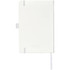 A white journal with a smooth cover, featuring a ribbon bookmark and an elastic closure; includes a logo.