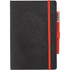 A black journal with a red elastic band and a matching pen holder, featuring a sleek design and a logo.