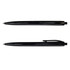 A black plastic pen featuring a sleek design and a pocket clip, with a logo visible on the barrel.