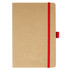 A kraft paper journal with a red elastic band closure and a red ribbon bookmark. It has a logo on the cover.