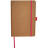 A brown journal with a pink elastic band, featuring an embossed logo on the cover.