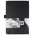 A black Nova Bound JournalBook with blank pages and a logo, featuring a sleek design and elastic closure.